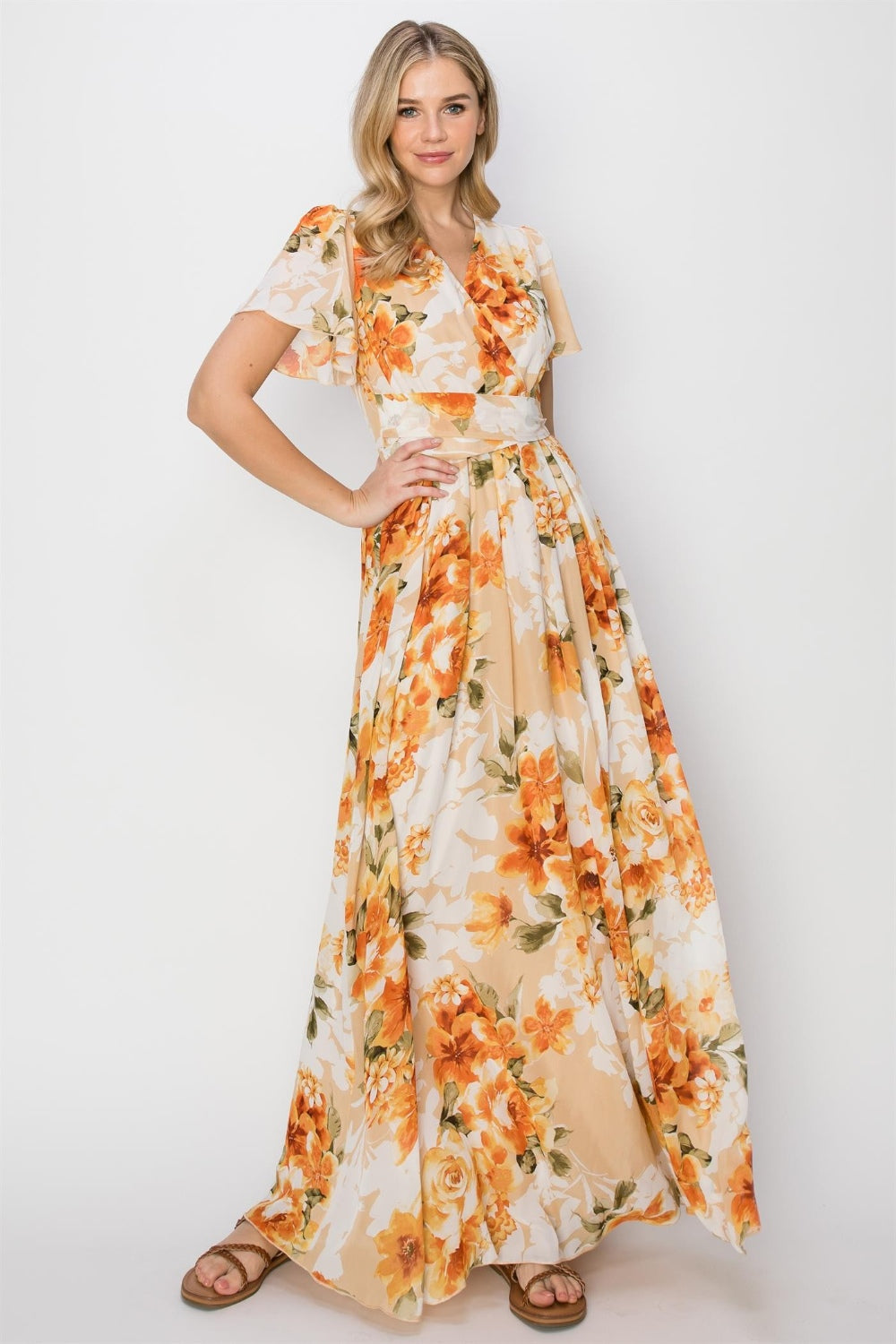 Mabel Floral Tie Back Short Sleeve Slit Maxi Dress