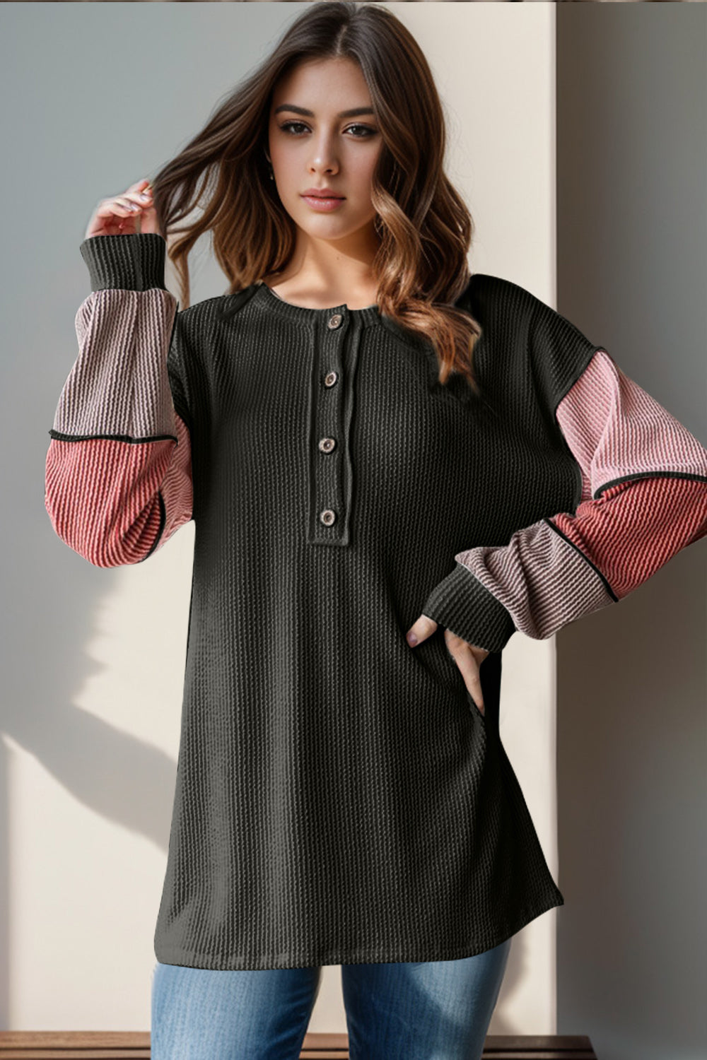 Collie Color Block Round Neck Long Sleeve T-Shirt