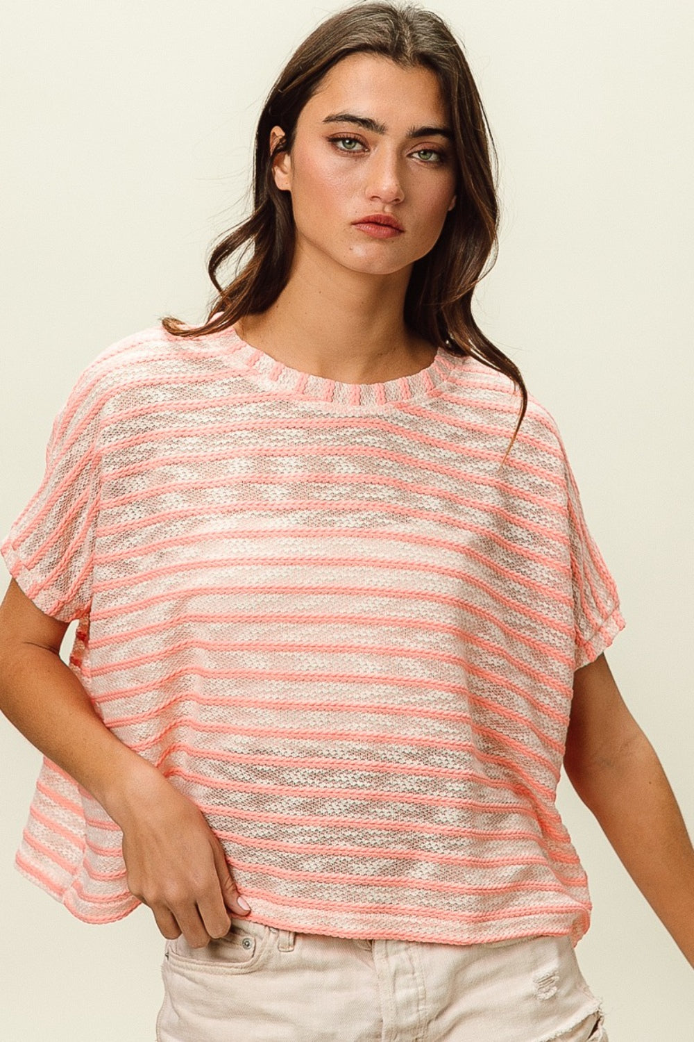 Violet Striped Short Sleeve Round Neck T-Shirt