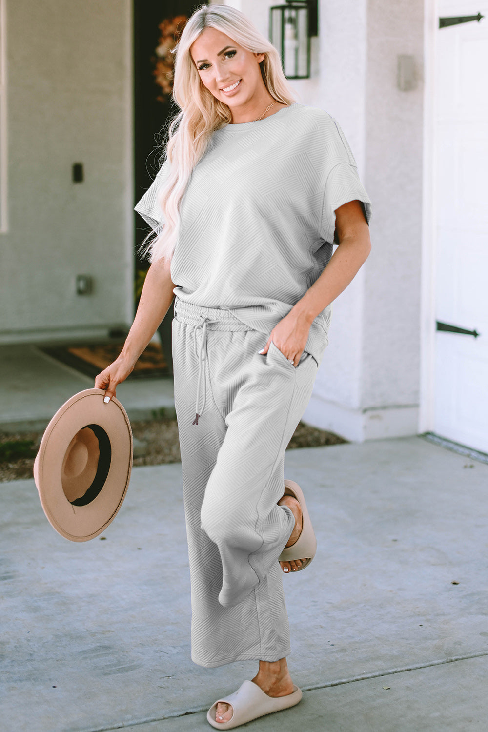 Lena Texture Short Sleeve Top and Pants Set