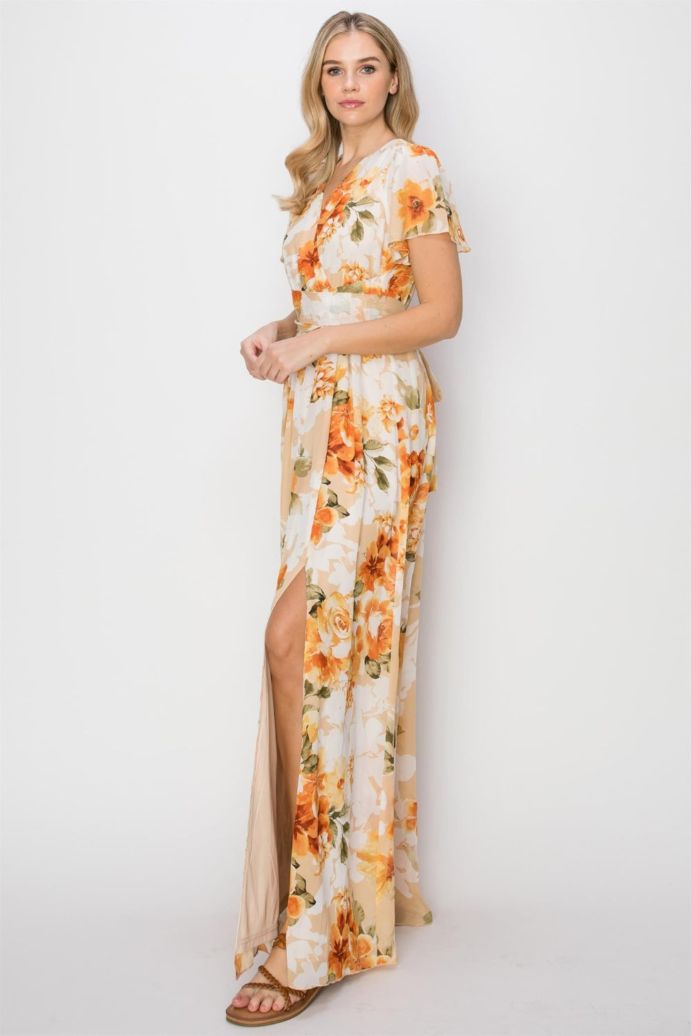 Mabel Floral Tie Back Short Sleeve Slit Maxi Dress