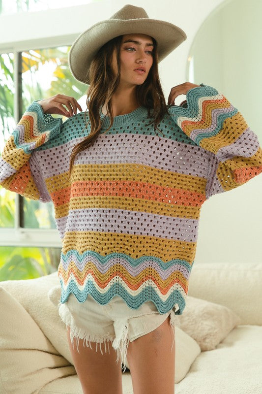 Harris Wavy Hem Openwork Contrast Round Neck Sweater