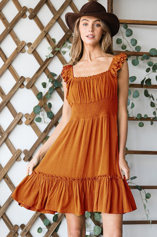 Blaire Ruched waist ruffled sleeveless dress