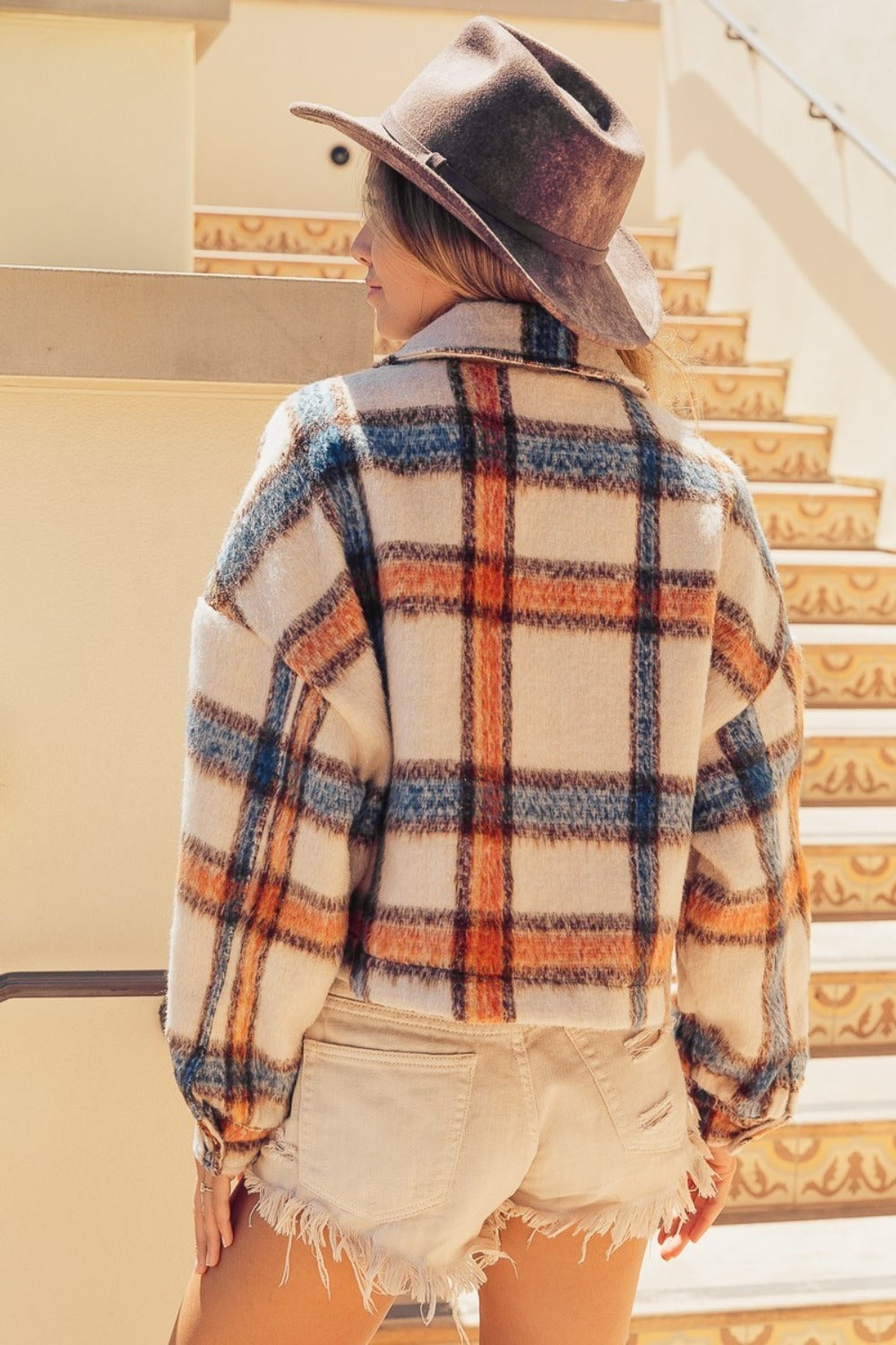 Jersey Brushed Plaid Crop Jacket with Pockets
