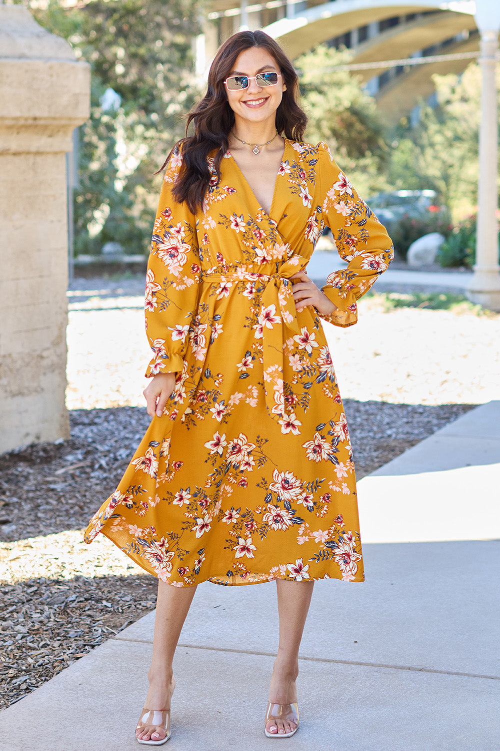 Helen Floral Tie Back Flounce Sleeve Dress
