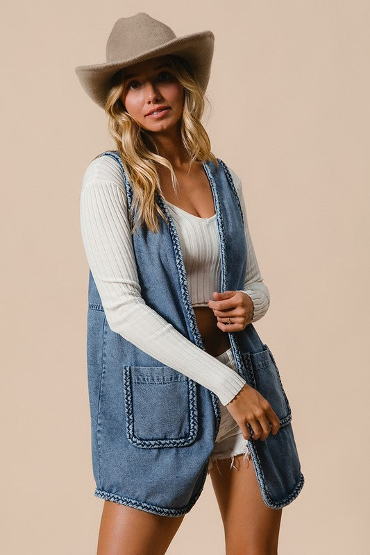 Bodie Braided Trim Open Front Denim Vest with Pocket