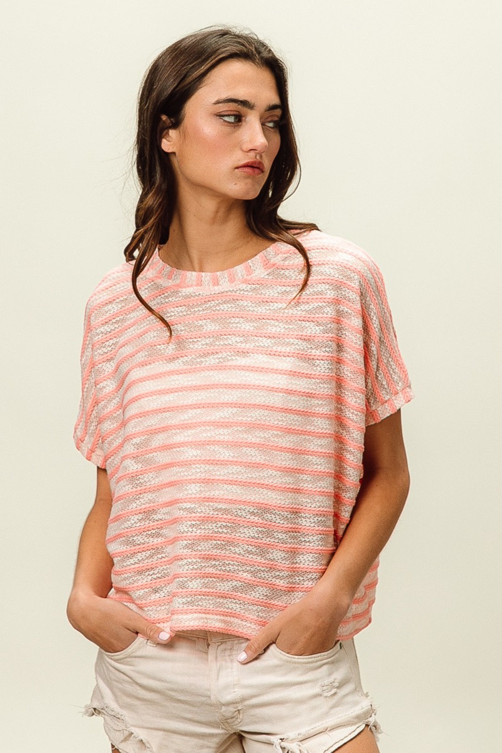 Violet Striped Short Sleeve Round Neck T-Shirt