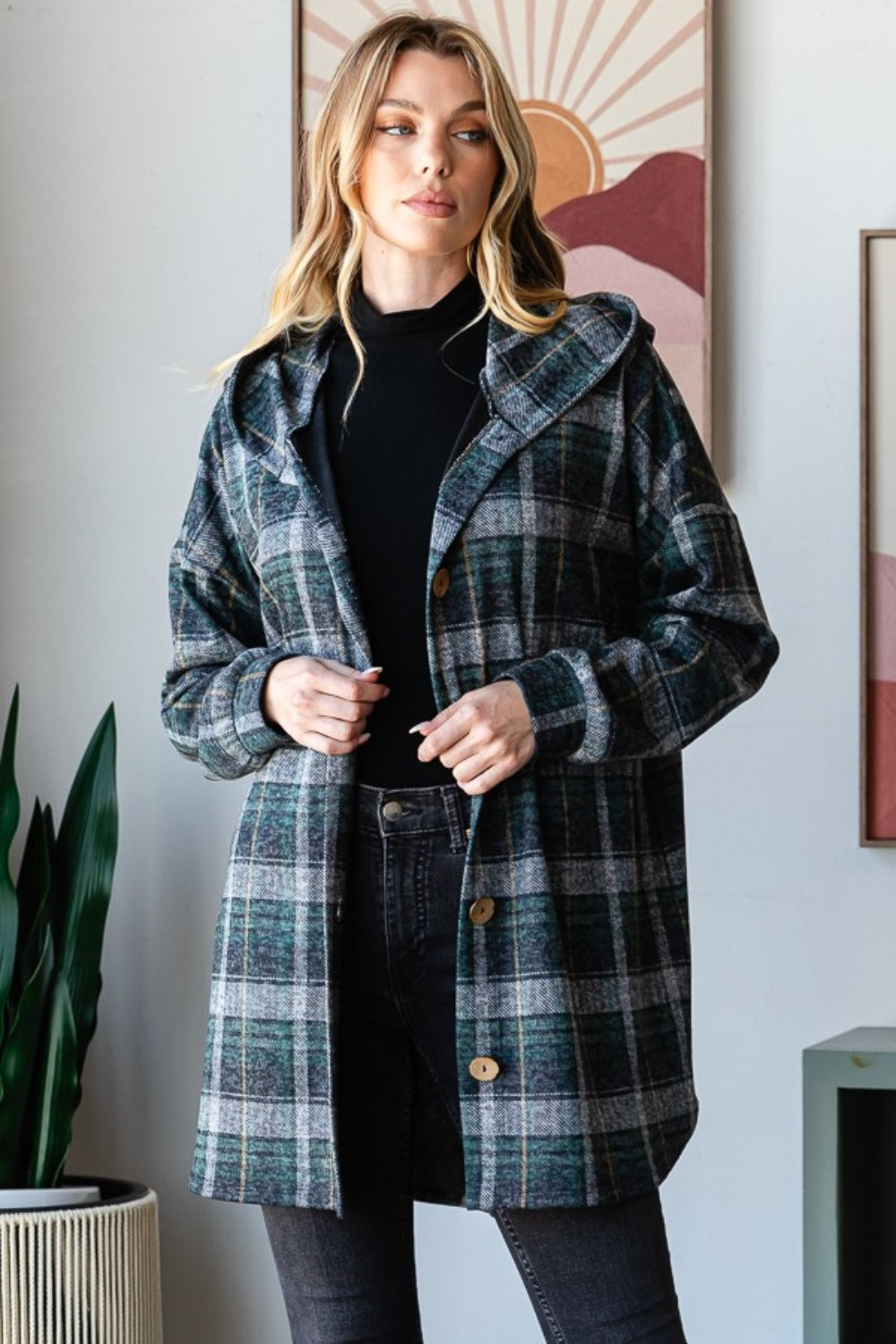 Isa Plaid Button Down Long Sleeve Hooded Cardigan