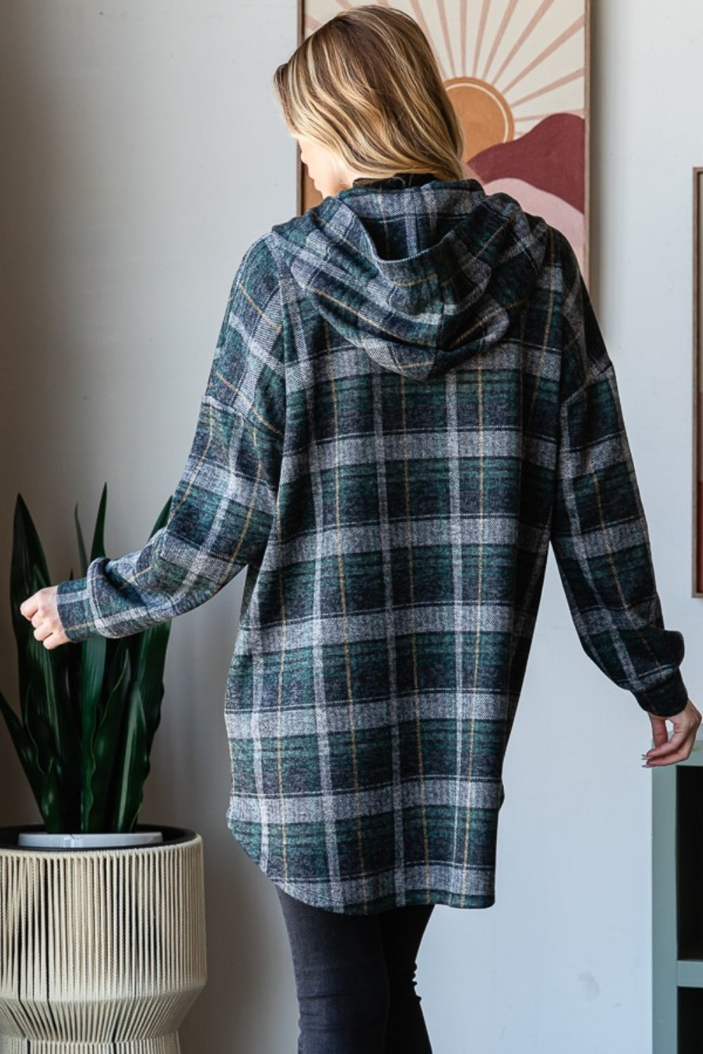 Isa Plaid Button Down Long Sleeve Hooded Cardigan