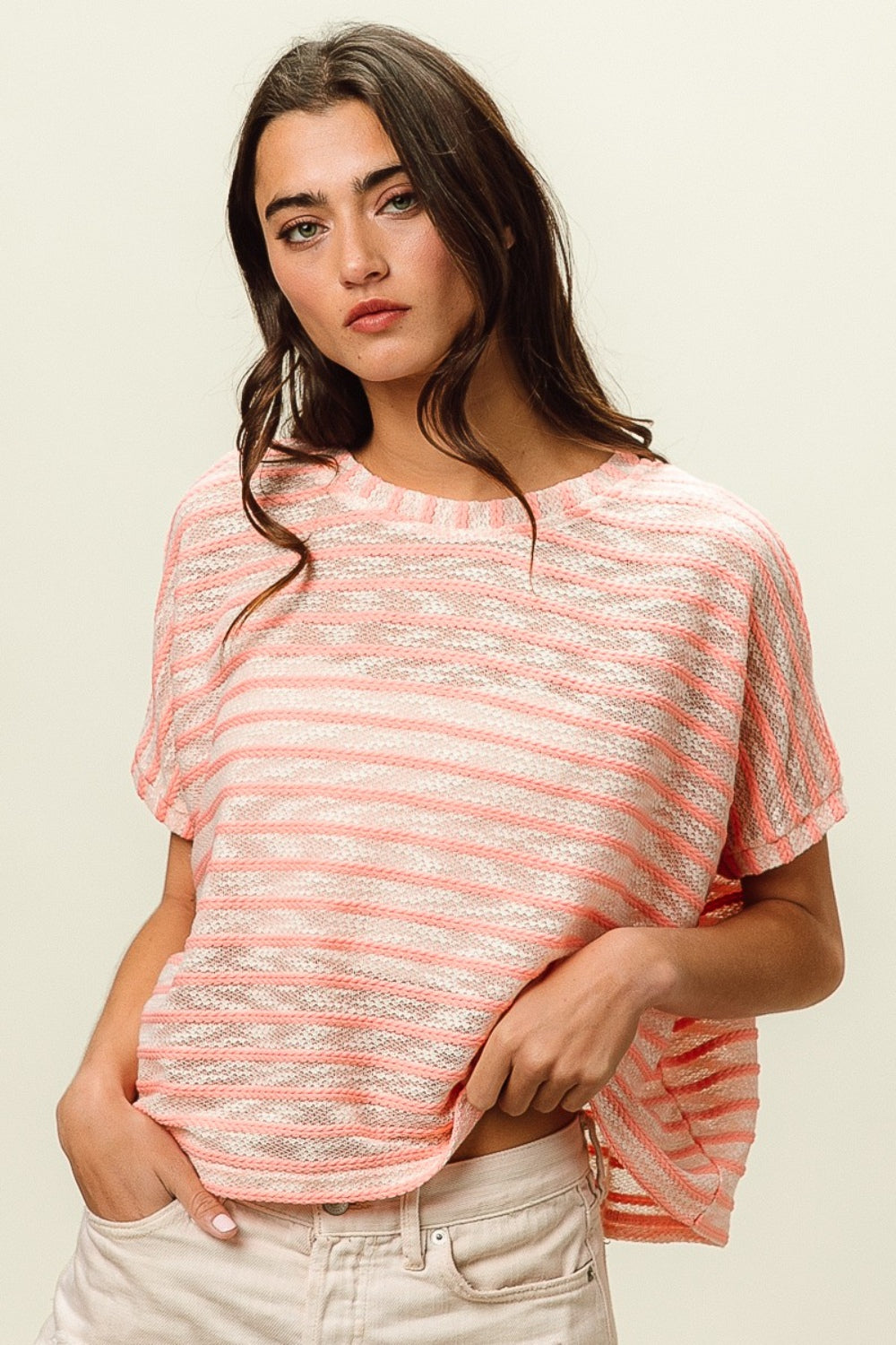 Violet Striped Short Sleeve Round Neck T-Shirt