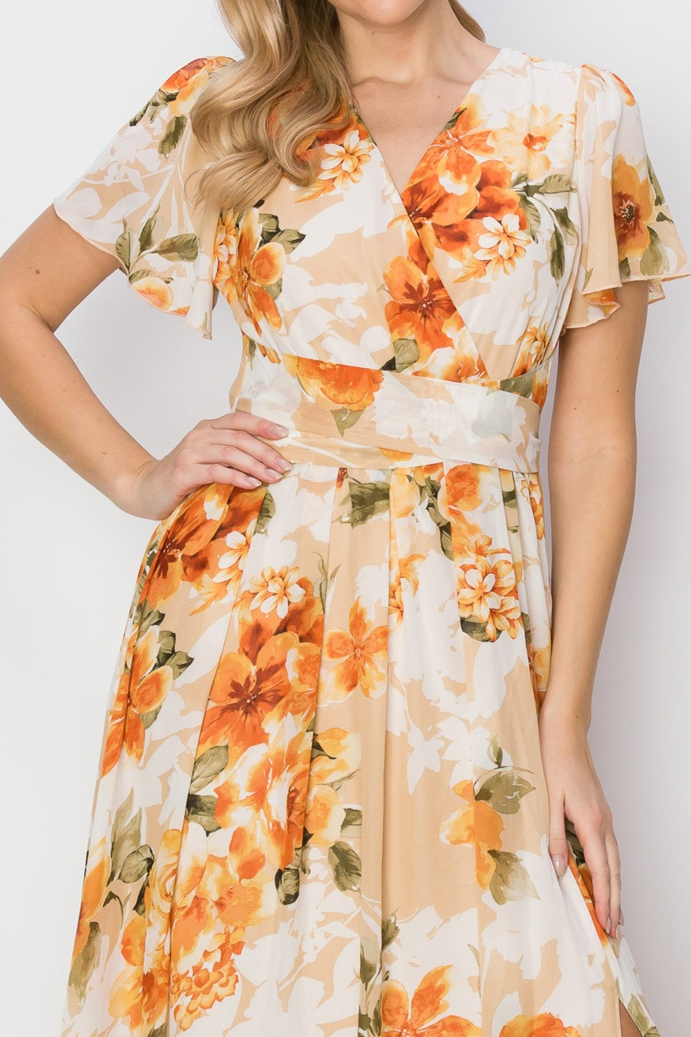 Mabel Floral Tie Back Short Sleeve Slit Maxi Dress
