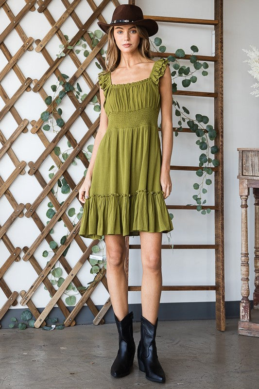 Blaire Ruched waist ruffled sleeveless dress