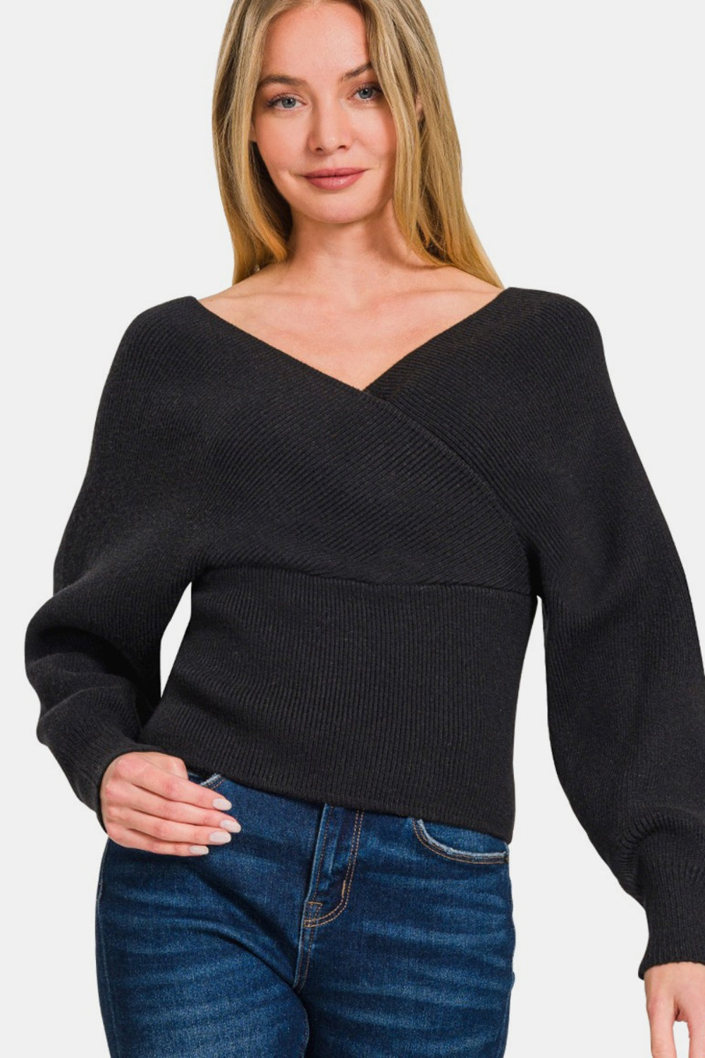 Rylan Cross Wrap Rib Long Sleeve Sweater