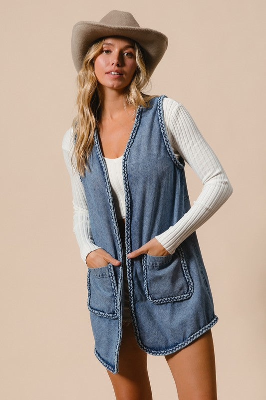 Bodie Braided Trim Open Front Denim Vest with Pocket