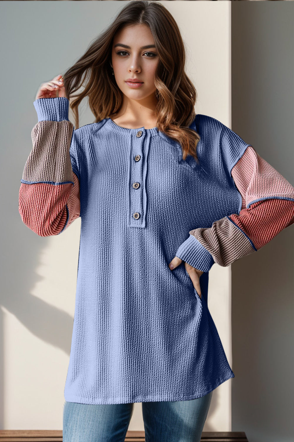 Collie Color Block Round Neck Long Sleeve T-Shirt