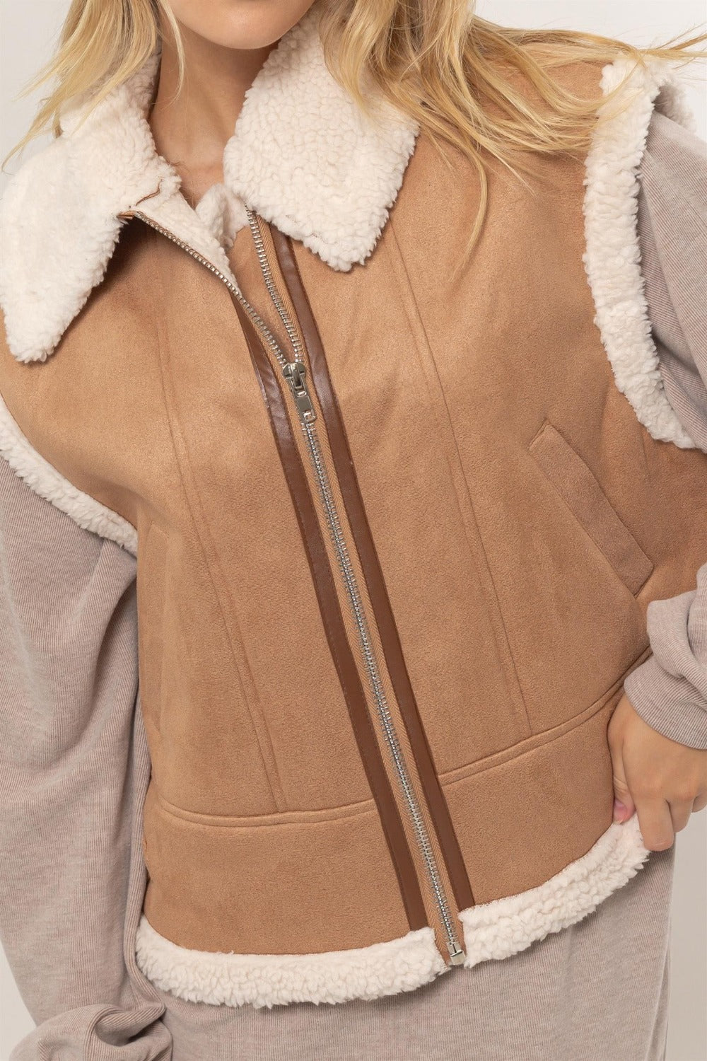 Stevi Fur-Contrast Zip Up Suede Vest