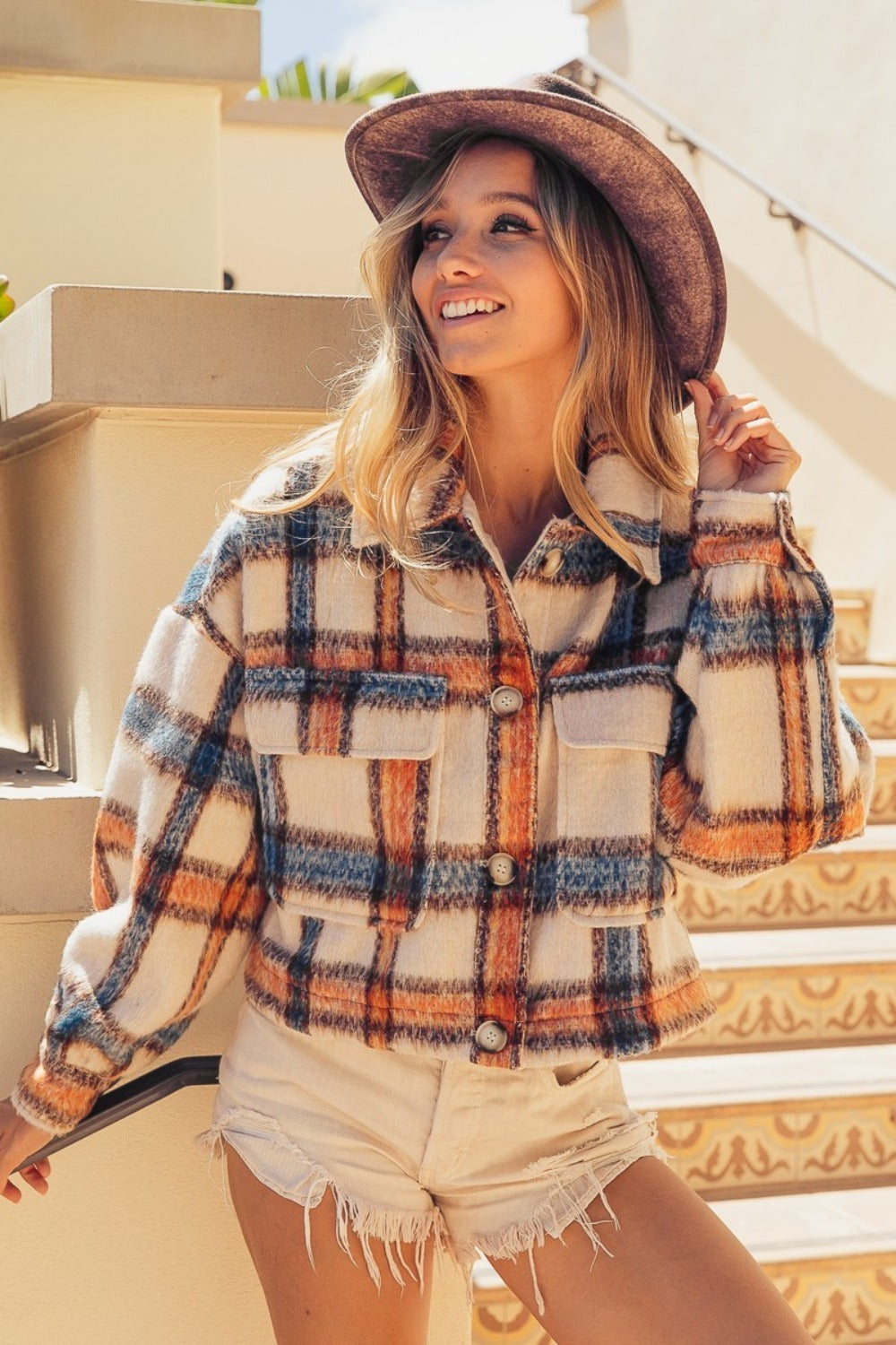 Jersey Brushed Plaid Crop Jacket with Pockets