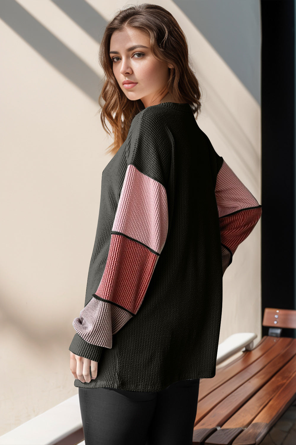 Collie Color Block Round Neck Long Sleeve T-Shirt