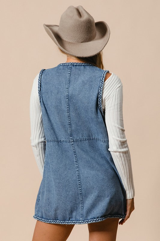 Bodie Braided Trim Open Front Denim Vest with Pocket