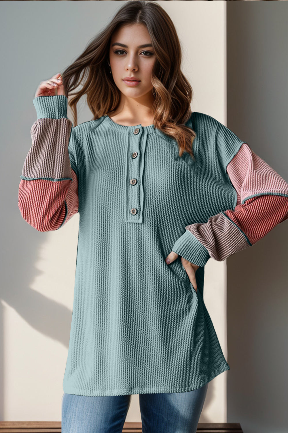 Collie Color Block Round Neck Long Sleeve T-Shirt