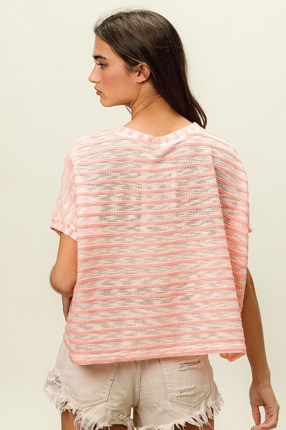 Violet Striped Short Sleeve Round Neck T-Shirt