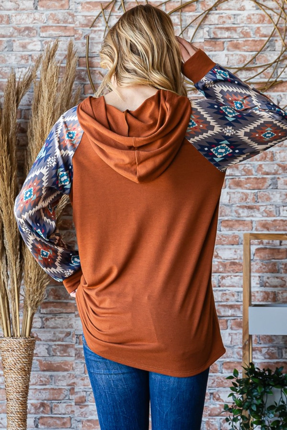 Misha Full Size Half Button Printed Long Sleeve Hooded Top