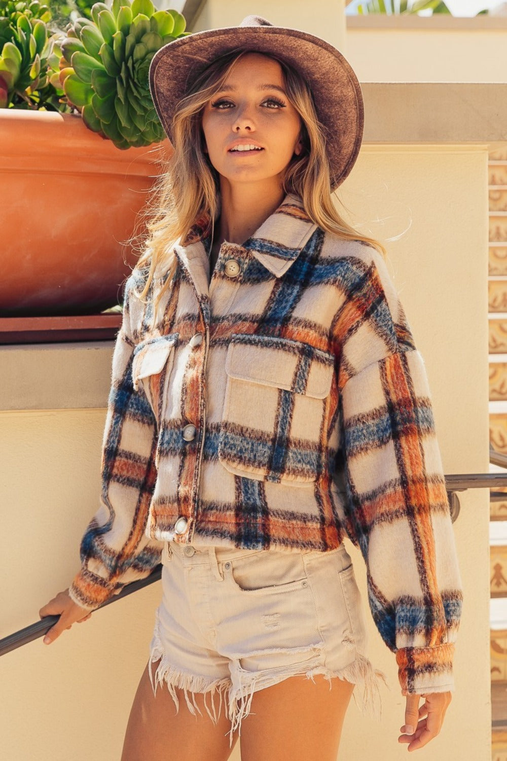 Jersey Brushed Plaid Crop Jacket with Pockets