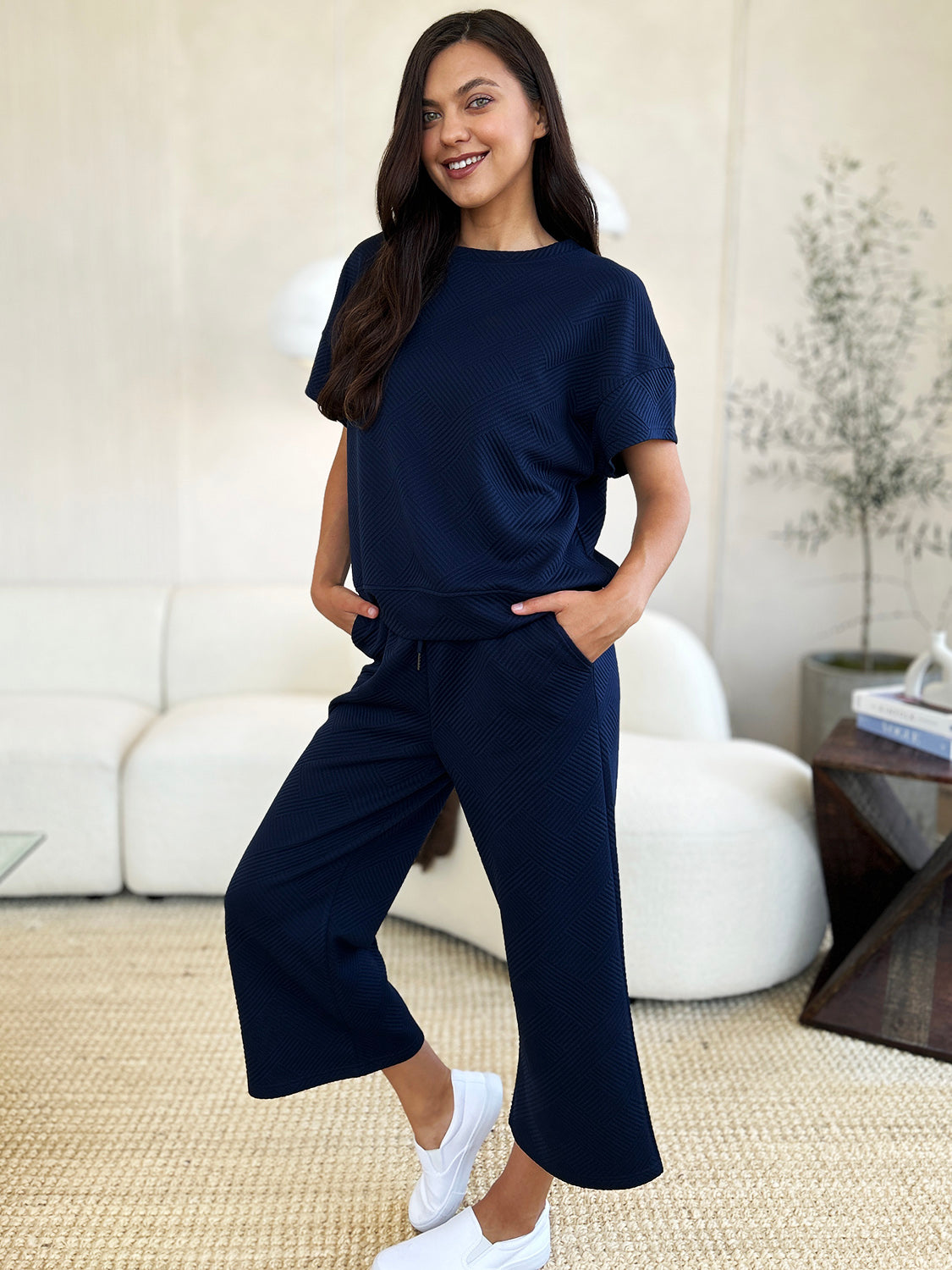 Lena Texture Short Sleeve Top and Pants Set