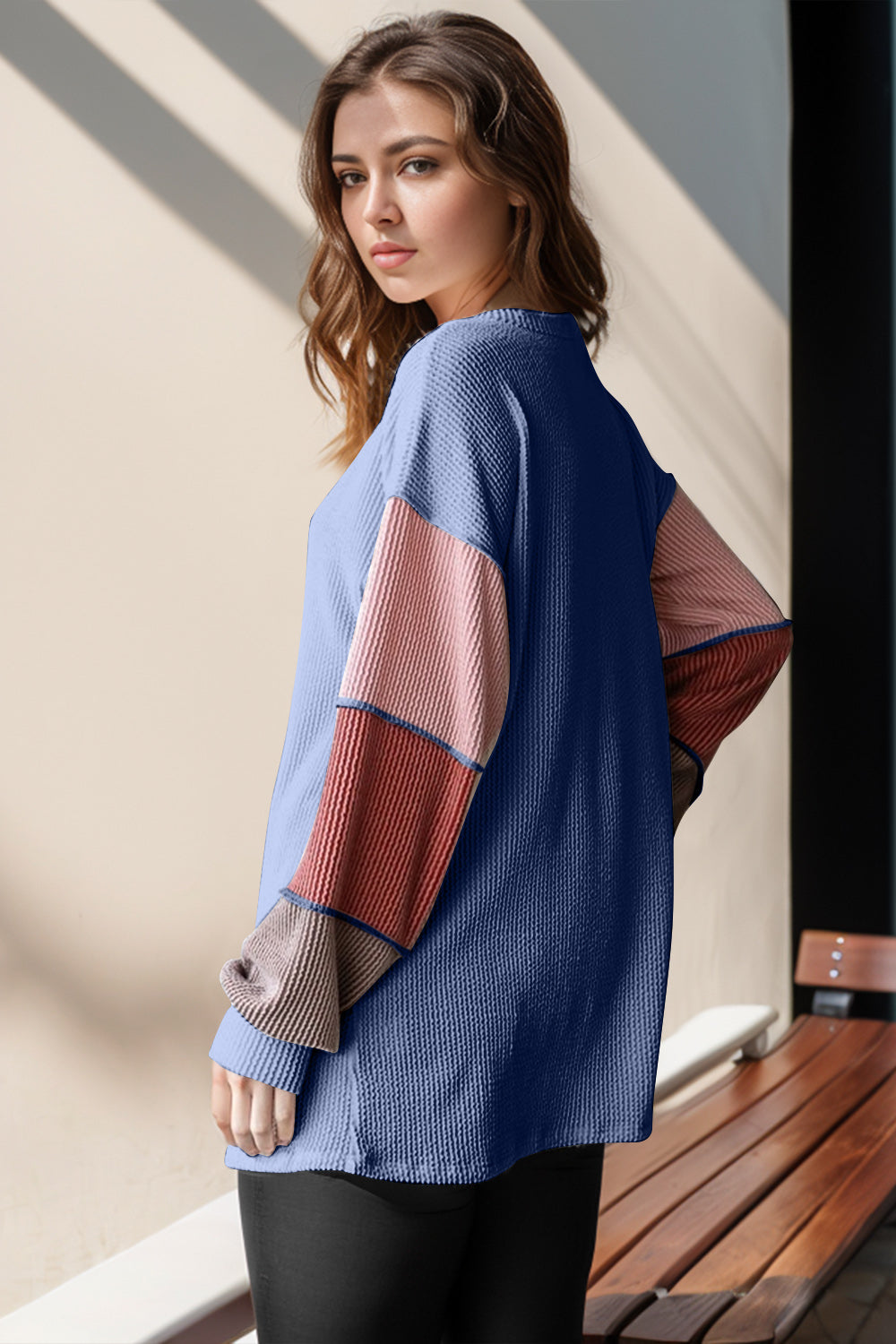 Collie Color Block Round Neck Long Sleeve T-Shirt