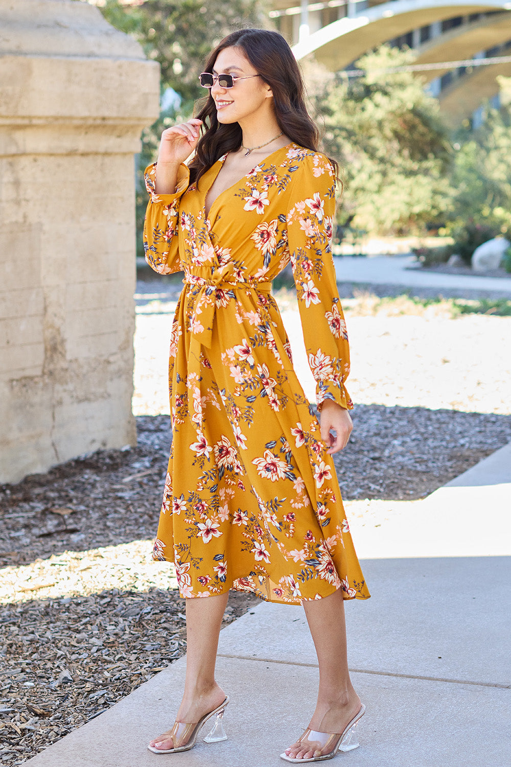 Helen Floral Tie Back Flounce Sleeve Dress