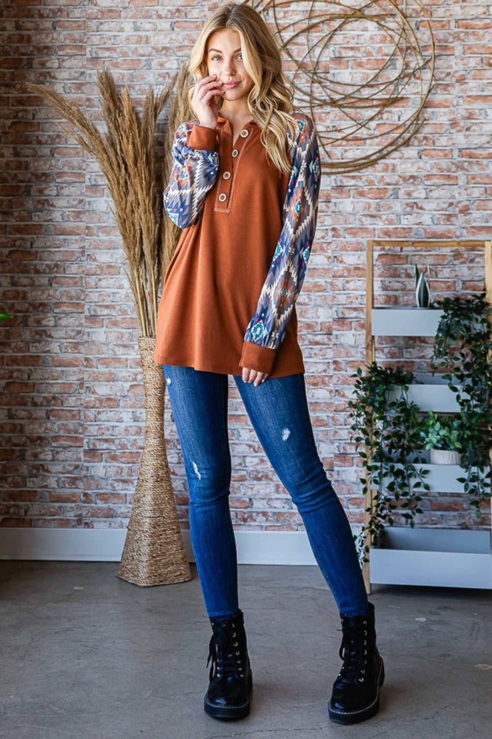 Misha Full Size Half Button Printed Long Sleeve Hooded Top