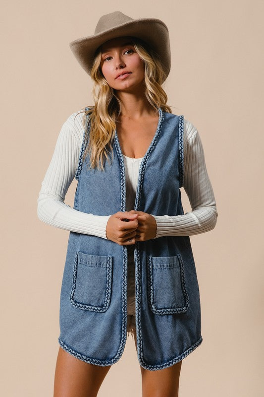Bodie Braided Trim Open Front Denim Vest with Pocket