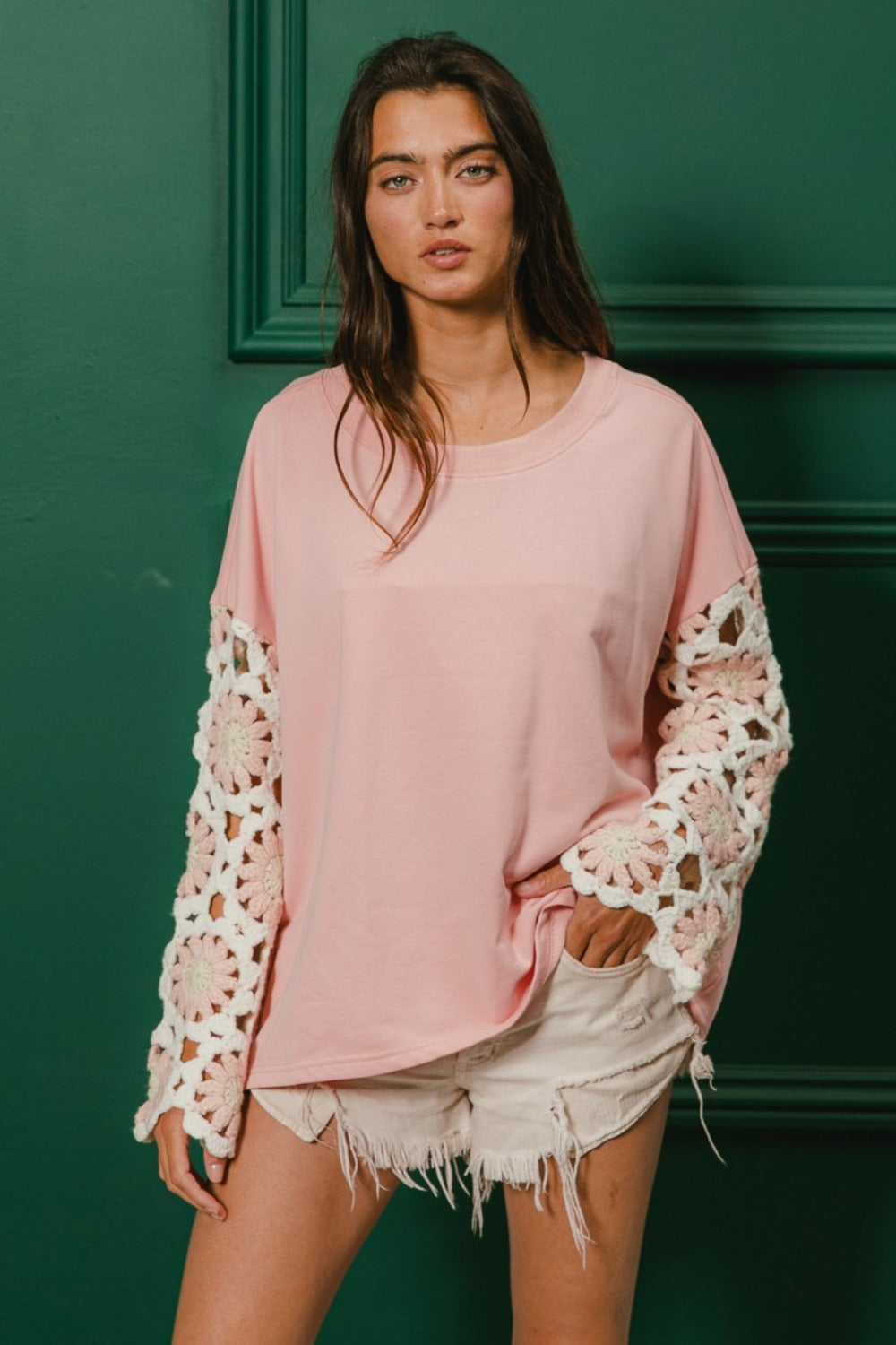 Bonnie French Terry Crochet Sleeve Top