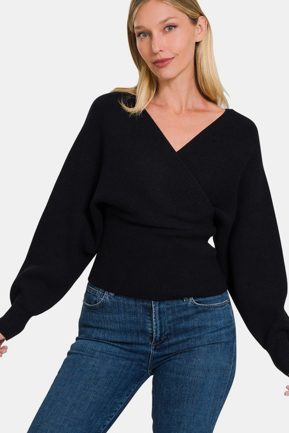 Rylan Cross Wrap Rib Long Sleeve Sweater