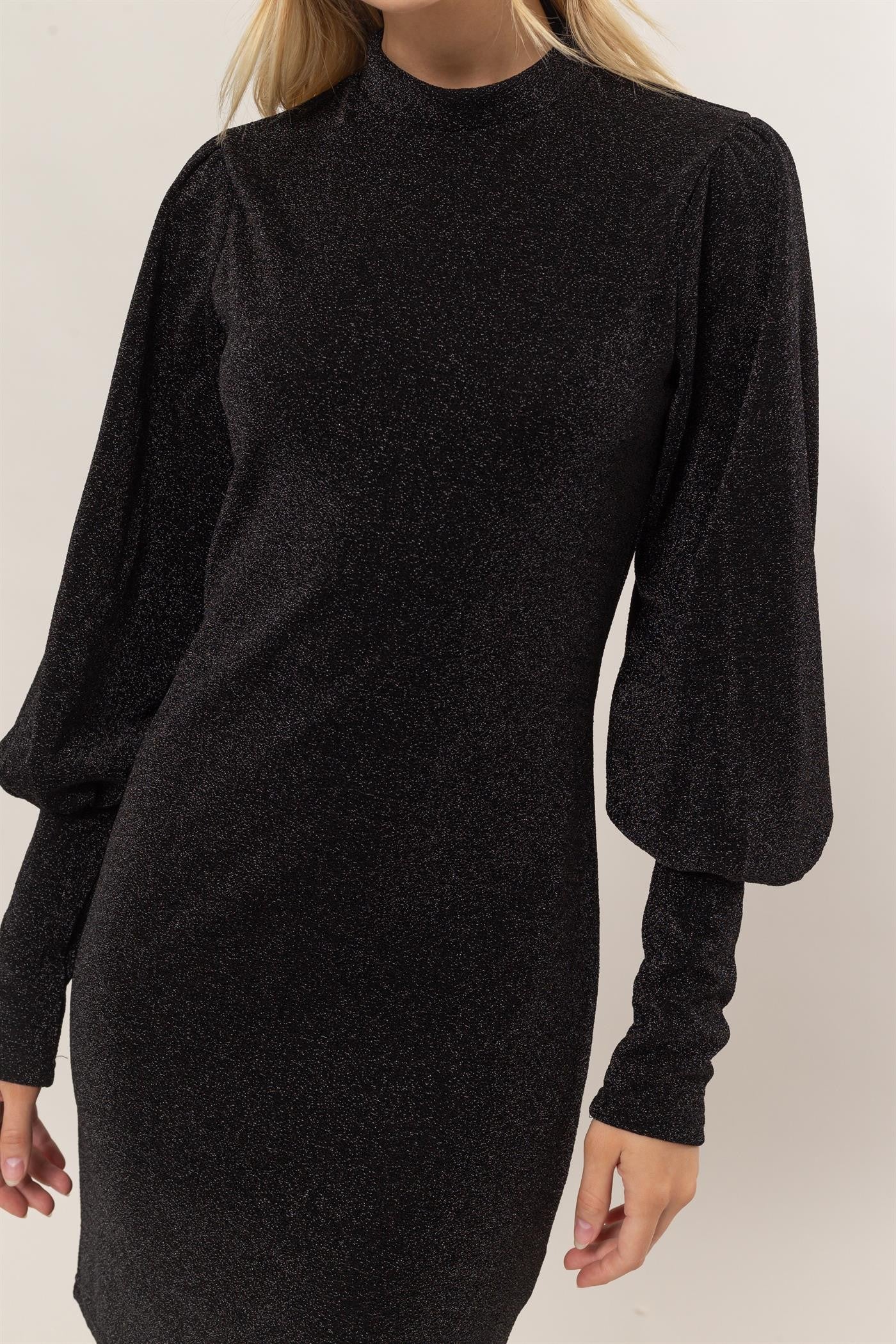Crystol Glitter Mock Neck Long Sleeve Mini Dress