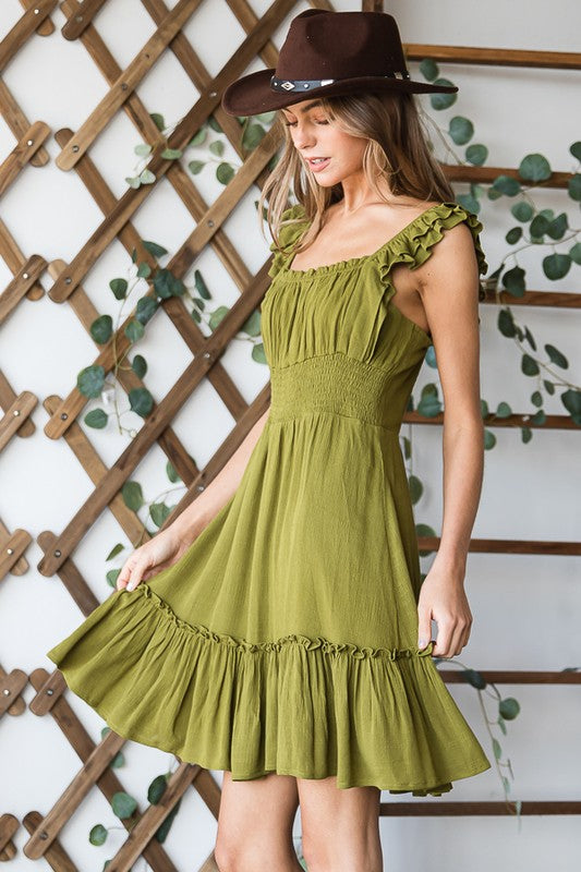 Blaire Ruched waist ruffled sleeveless dress