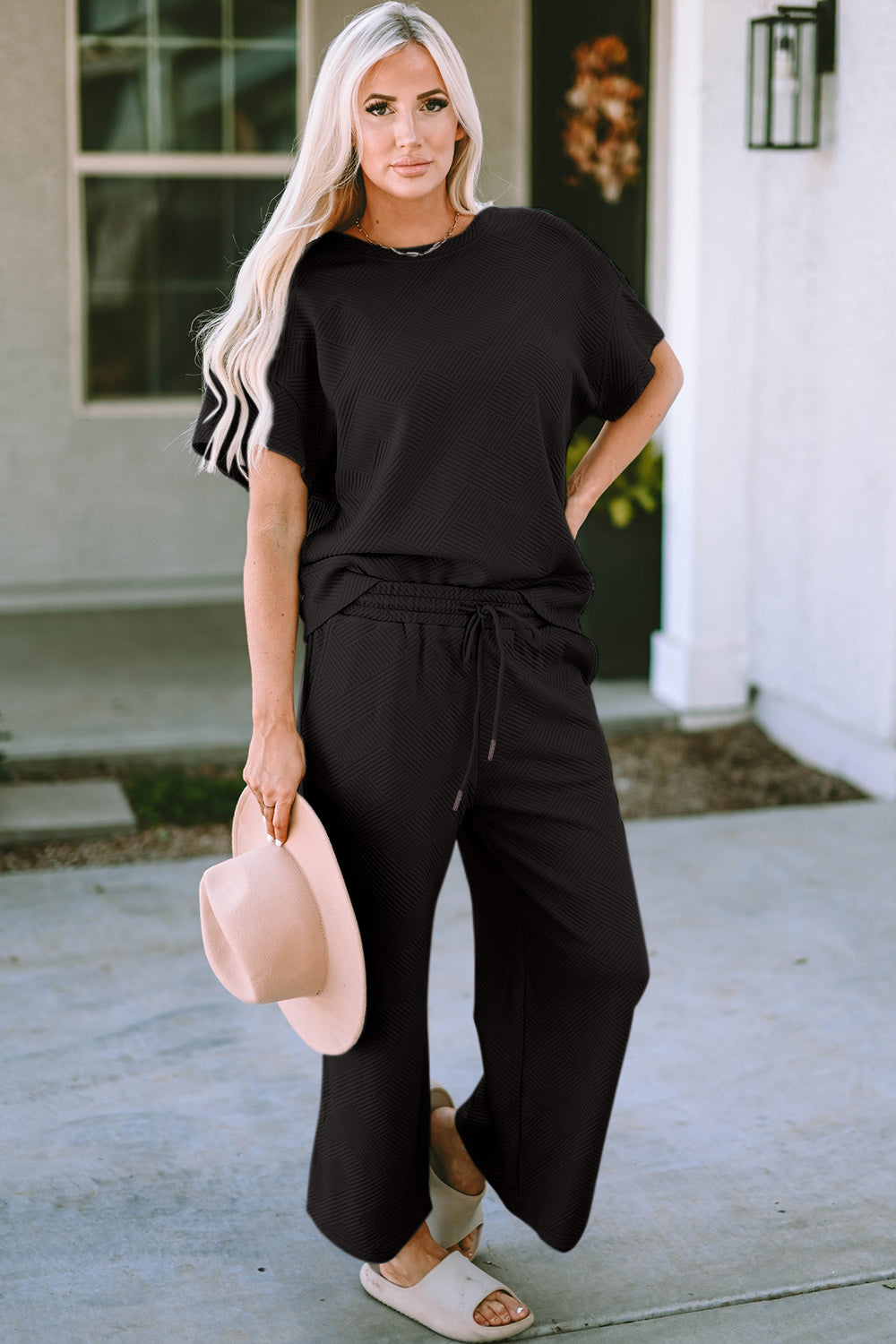Lena Texture Short Sleeve Top and Pants Set