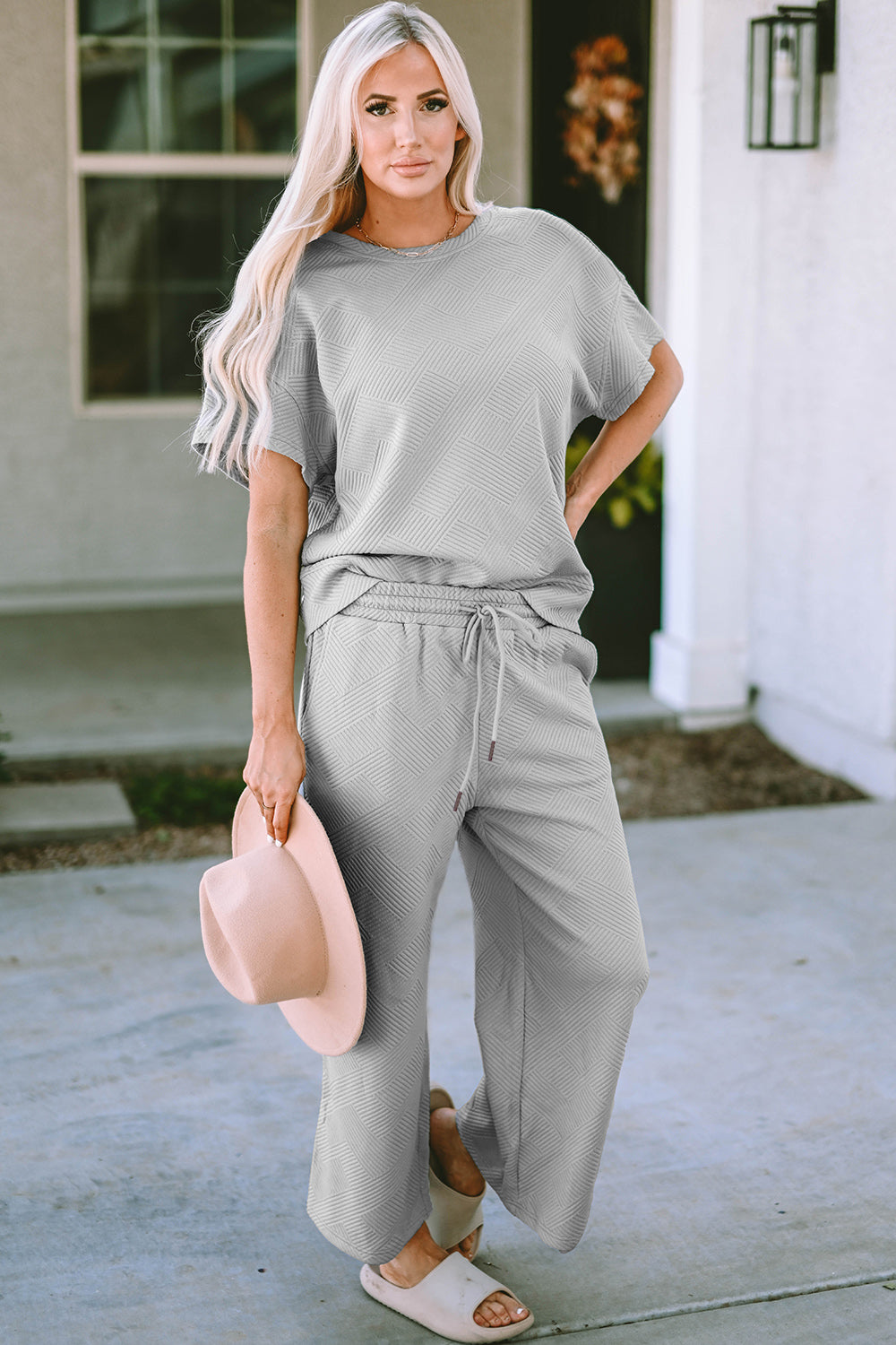 Lena Texture Short Sleeve Top and Pants Set