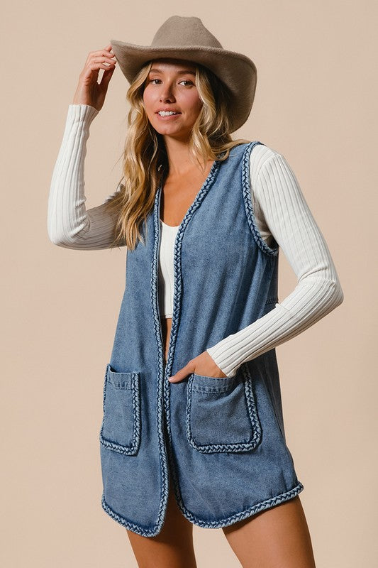Bodie Braided Trim Open Front Denim Vest with Pocket