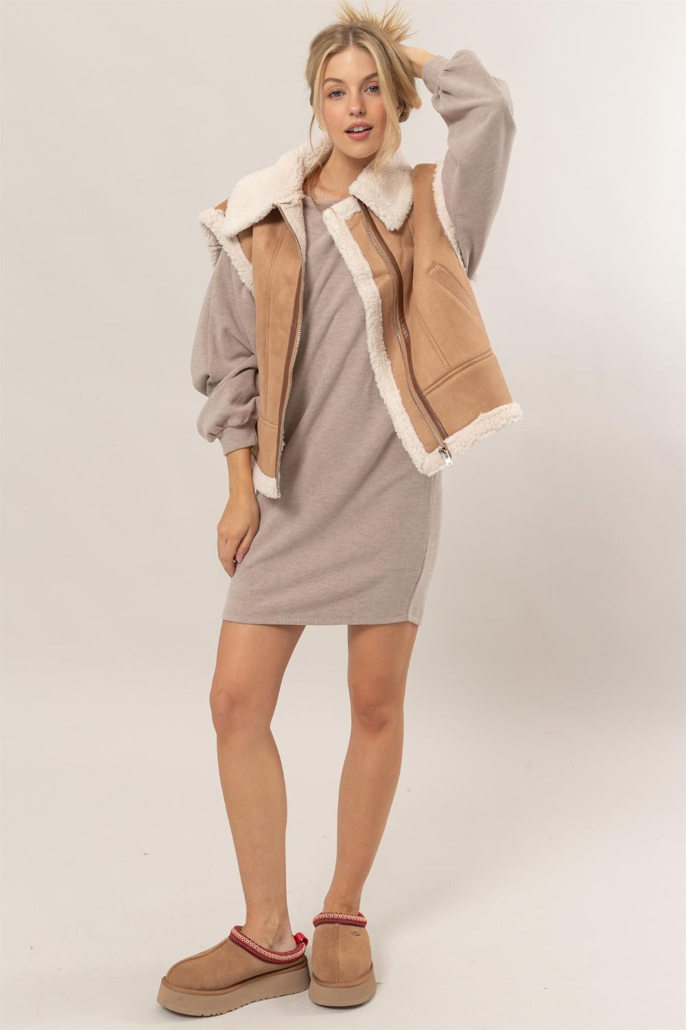 Stevi Fur-Contrast Zip Up Suede Vest