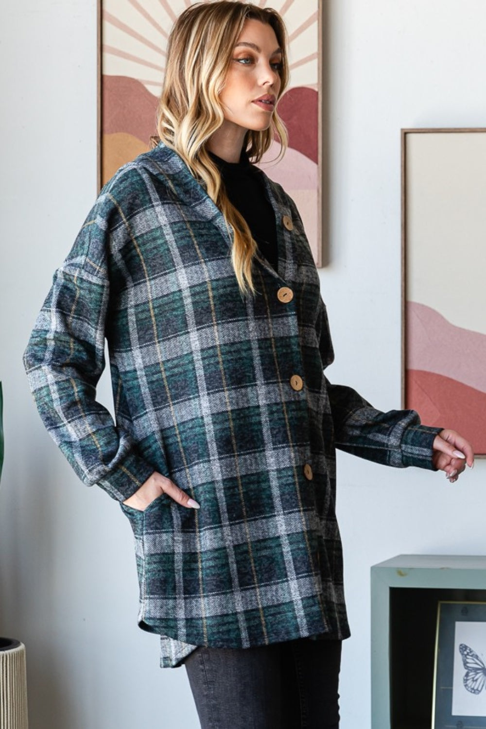 Isa Plaid Button Down Long Sleeve Hooded Cardigan