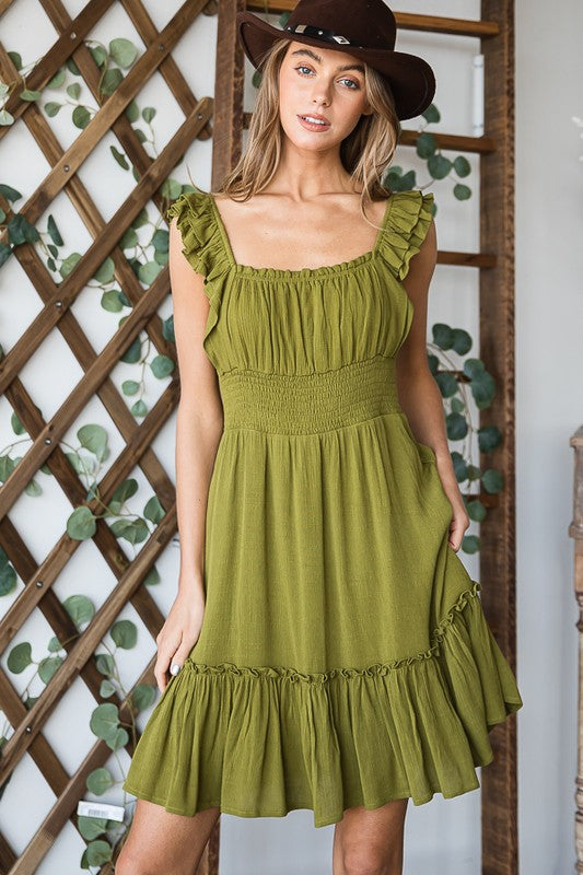 Blaire Ruched waist ruffled sleeveless dress
