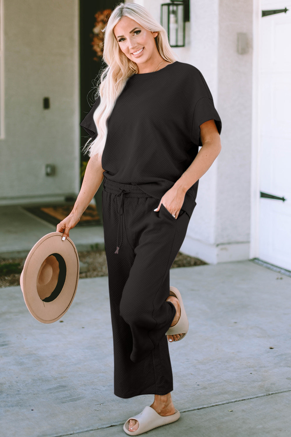 Lena Texture Short Sleeve Top and Pants Set