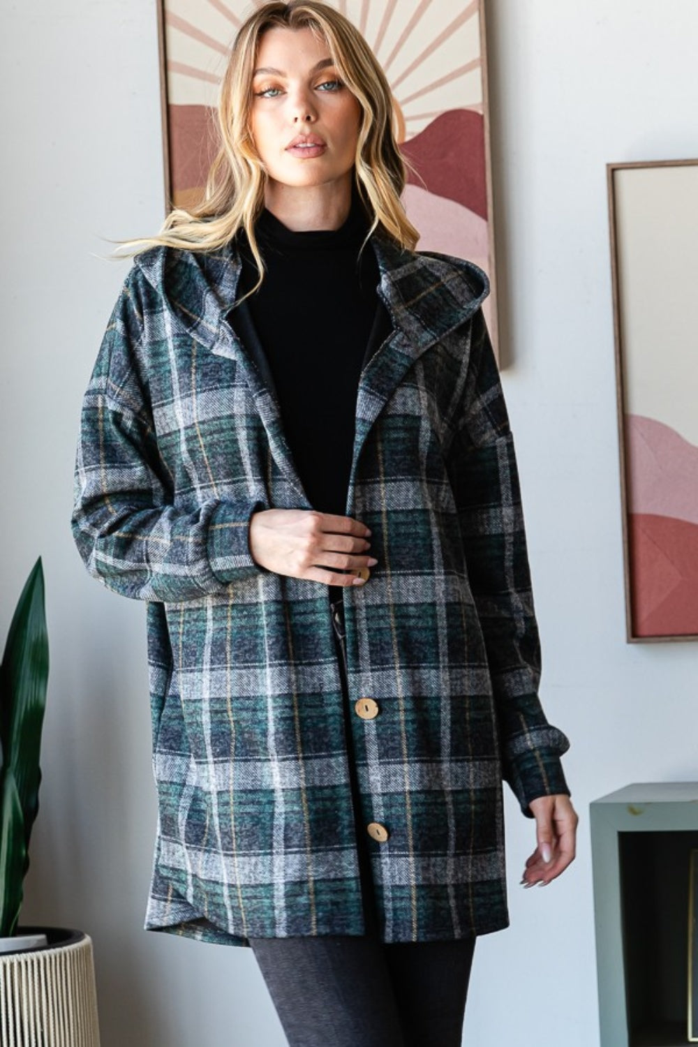 Isa Plaid Button Down Long Sleeve Hooded Cardigan