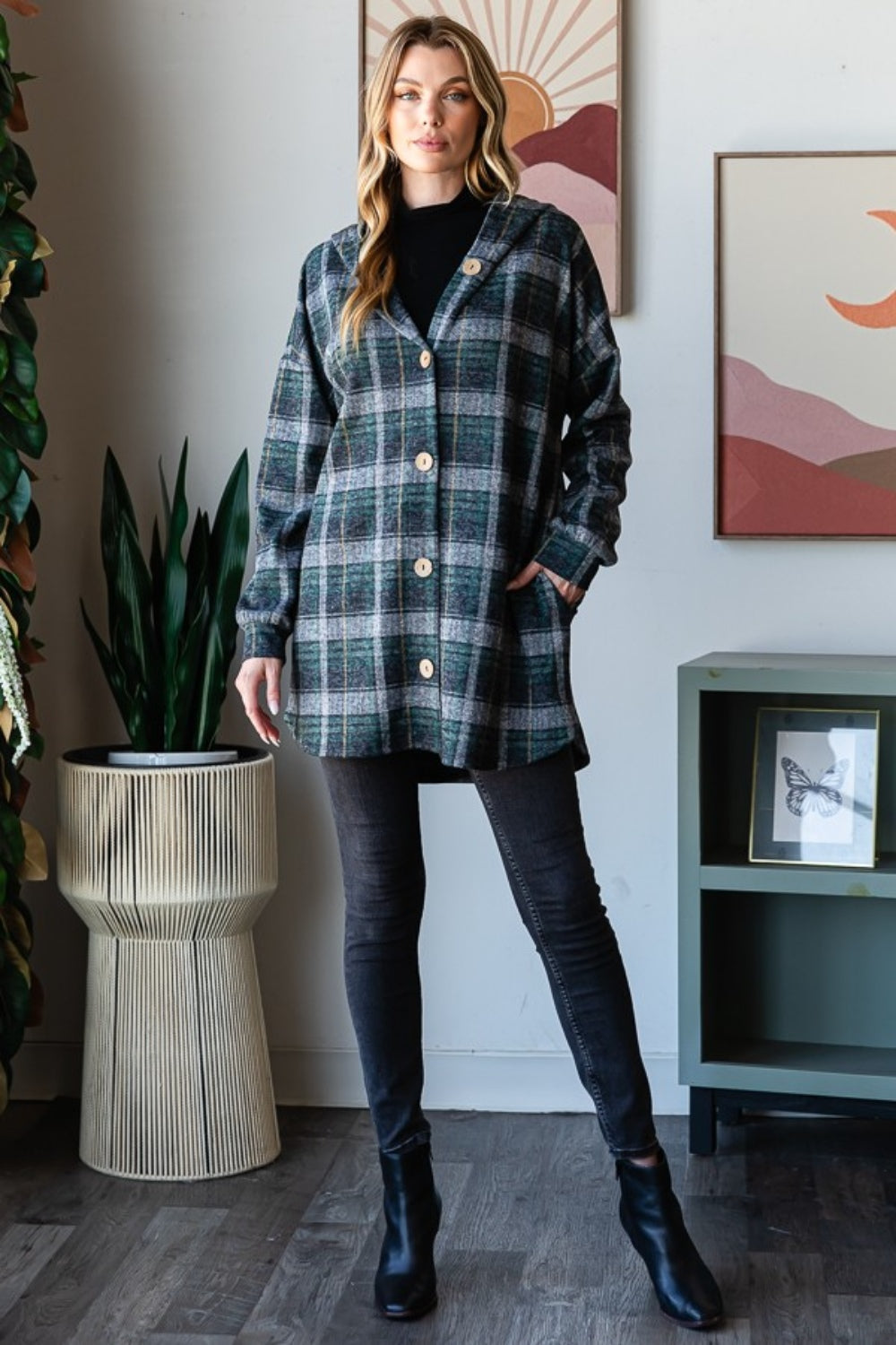 Isa Plaid Button Down Long Sleeve Hooded Cardigan
