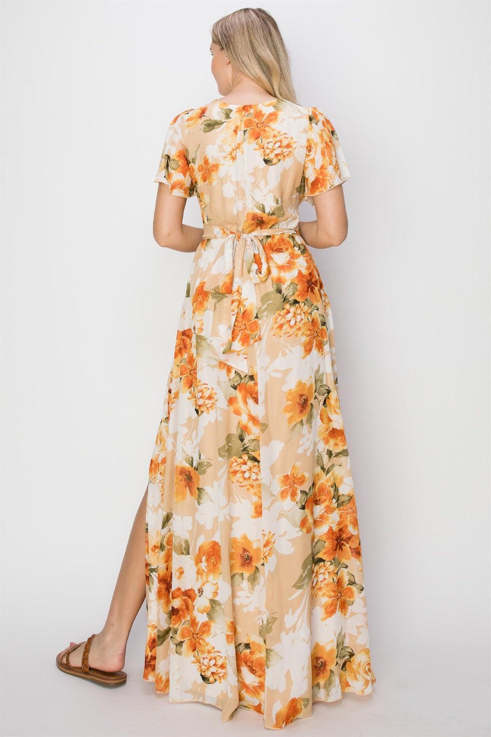 Mabel Floral Tie Back Short Sleeve Slit Maxi Dress