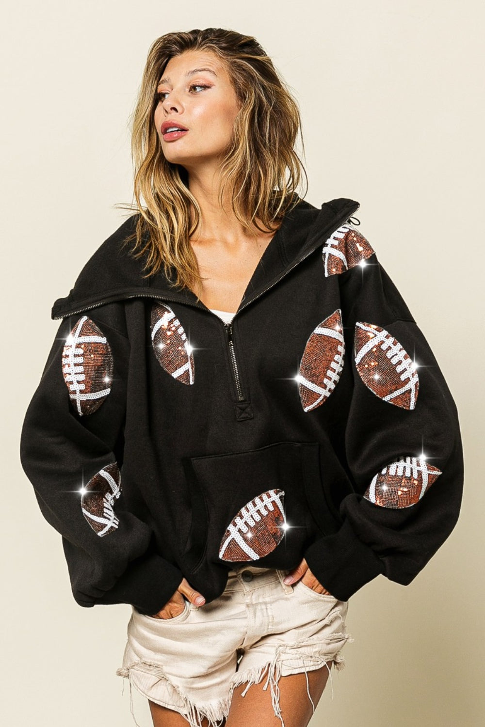 Taylor Sequin Football Half Zip Hoodie