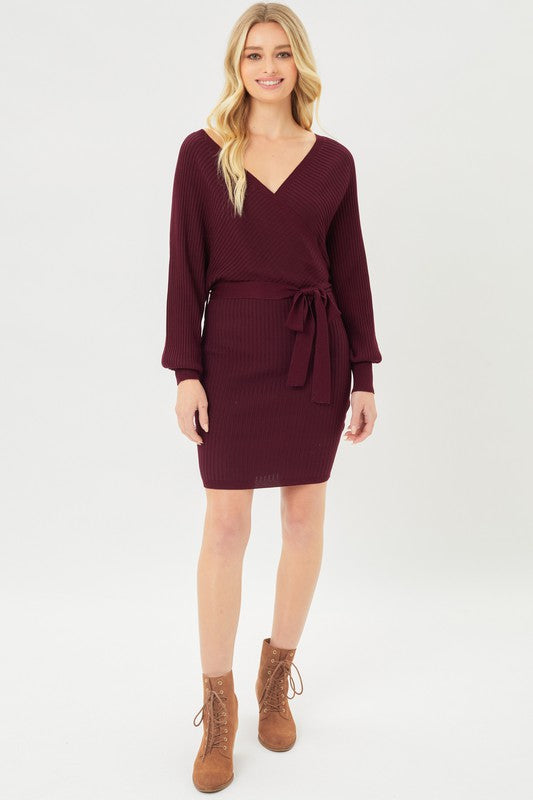 Moana Off Shoulder Wrap Belted Ribbed Knit Dress