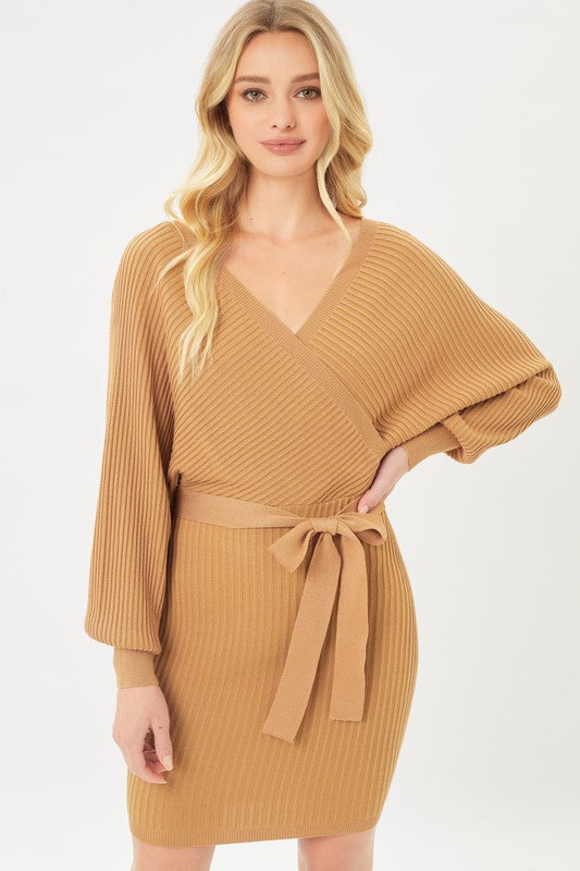 Moana Off Shoulder Wrap Belted Ribbed Knit Dress