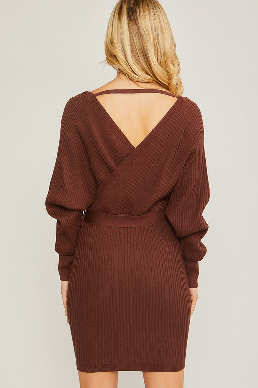 Moana Off Shoulder Wrap Belted Ribbed Knit Dress